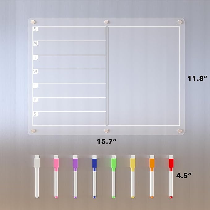 Acrylic Magnetic Dry Erase Board for Fridge, Clear Whiteboard for Refrigerator, Notepad Memo to Do/Grocery List White Board, w/ 8 Colors Markers, 15 x 11
