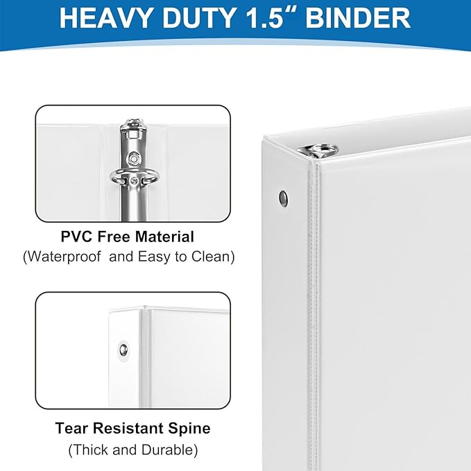1.5 Inch 3 Ring Binder, 1-1/2“ Binder with 2 Interior Pockets, Durable White View Binders, Clear View Cover, Holds up to 325 Sheets US Letter Size, Perfect for Office/Home/School.（6 Pack）