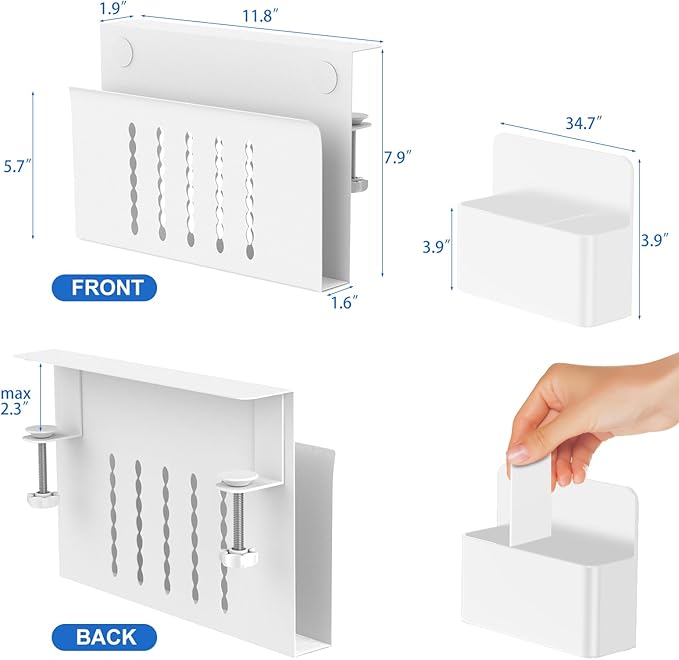 HAMOPY Desk Side Storage, Single-Layer Steel Hanging Desk Organizer with Magnetic Pen Holder, No Drilling Desk Drawer Cable Management Tray, Under Desk Laptop Holder for Office, School&Home(White)