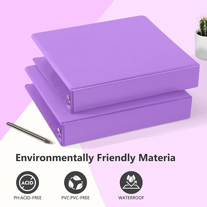 ViVin Sturdy 1.5 Inch 3 Ring Binder with Pockets, Slant-D Ring, PVC-Free, Customizable Clear View Binder,Holds 350 Sheets of 8.5" x 11" Paper,6 Pack (Purple)