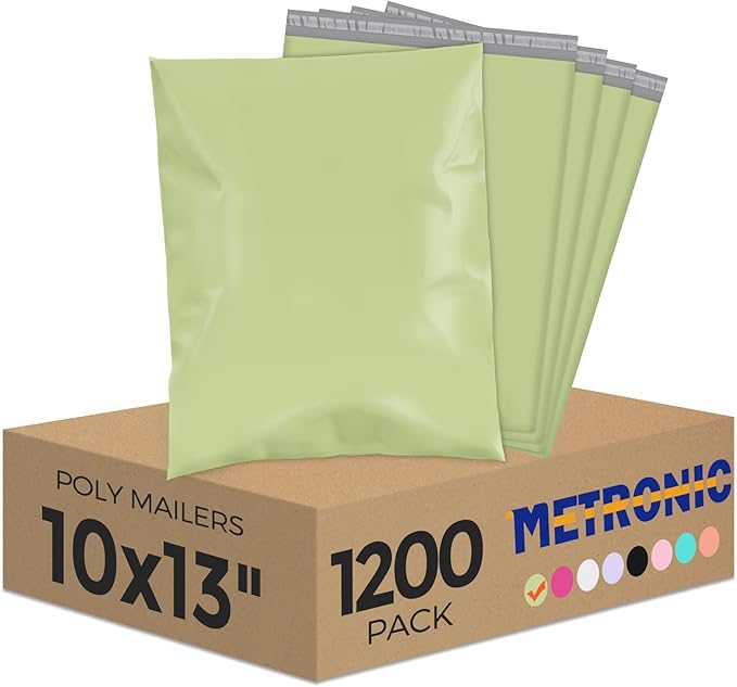 Metronic Poly Mailers 10X13 1200PC, Sturdy Shipping Bags for Small Business, Waterproof Mailers Poly Bags, Strong Adhesive Shipping Envelopes for Clothing, Efficient Mailing Envelopes in Avocado Green