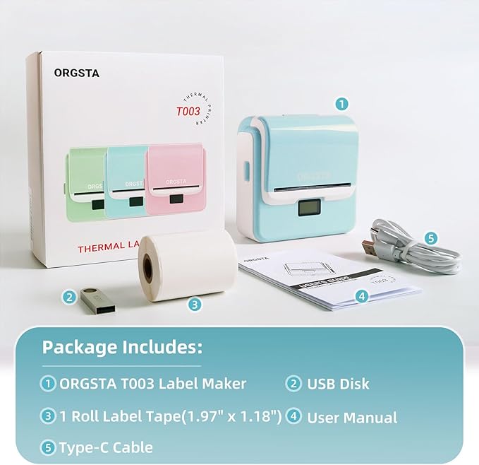ORGSTA Label Maker Machine with Tape, T003 Thermal Label Maker, 2 Inch Bluetooth Label Printer Compatible with Phone & PC, Sticker Printer Barcode Thermal Maker for Small Business, Home, School