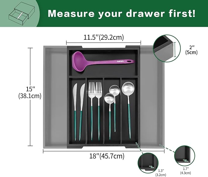 Utoplike Bamboo Silverware Drawer Organizer, Expandable Kitchen Utensils Drawer Organiser, Cutlery Tray Dividers, Flatware Caddy Drawer Insert, Office Supplies, Black 5-7 Slot