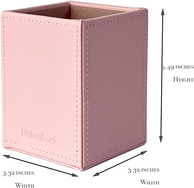 UnionBasic Square Pen Holder, Leather Pencil Cup, Desktop Caddy Stationery Organizer, Taiga Pattern Leather, Pink
