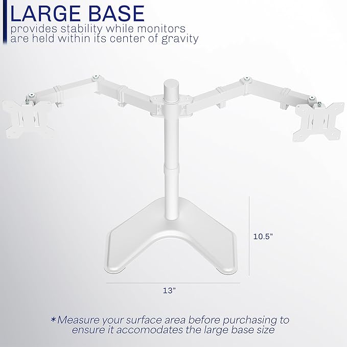 VIVO Dual LED LCD Monitor Mount, Free-Standing Desk Stand for 2 Screens up to 27 Inch, Fully Adjustable Arms with Max VESA 100x100mm, Extra Large Base, White, STAND-V002FW