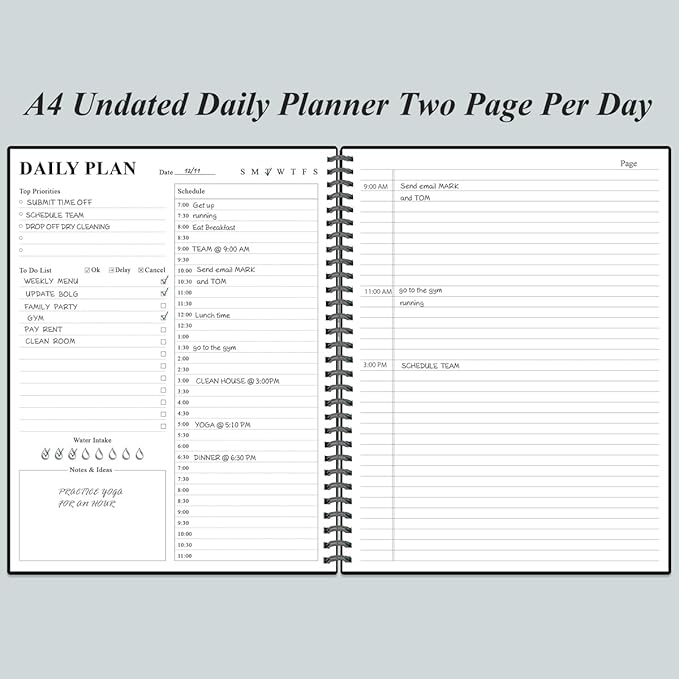 Daily Planner Undated - A4 To Do List Notebook Hourly Schedules, Spiral Appointment Planner for Women and Men,PVC Hardcover, Inner Pocket, Elastic Closure, 8.5" x 11", Black
