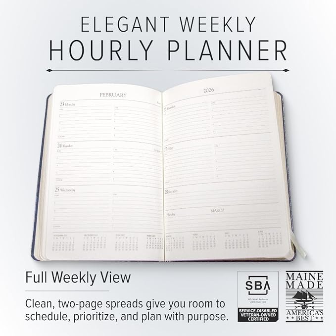 Gallery Leather Desk Hourly Weekly Monthly Planner 2025-2026, Elegantly Bound Calendar Planner and Notebook with Stylish Gold-Gilded Page Edges, 12 Months - Acadia Hope - 8 x 5.5 "