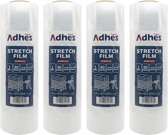 ADHES Heavy Duty Shrink Wrap Roll, 18 Inch x 1500 Feet, 4-Pack Stretch Wrap Stretch Film, 80 Gauge Industrial Strength Plastic Moving Rrap for Pallet Wrap, Furniture Wrapping Moving & Protection