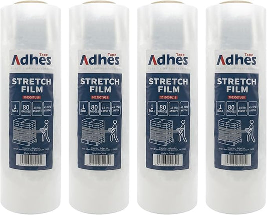 ADHES Heavy Duty Shrink Wrap Roll, 18 Inch x 1500 Feet, 4-Pack Stretch Wrap Stretch Film, 80 Gauge Industrial Strength Plastic Moving Rrap for Pallet Wrap, Furniture Wrapping Moving & Protection
