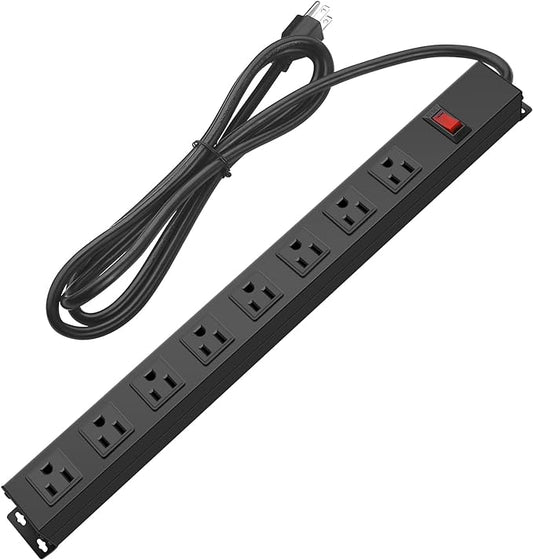 Metal 8 Outlet Mountable Power Strip, Wall Mount Outlet Heavy Duty, Wide Spaced Commercial Shop Power Strip with Switch, 15A 125V 1875W, 15 FT SJT 14AWG Power Cord (15FT)