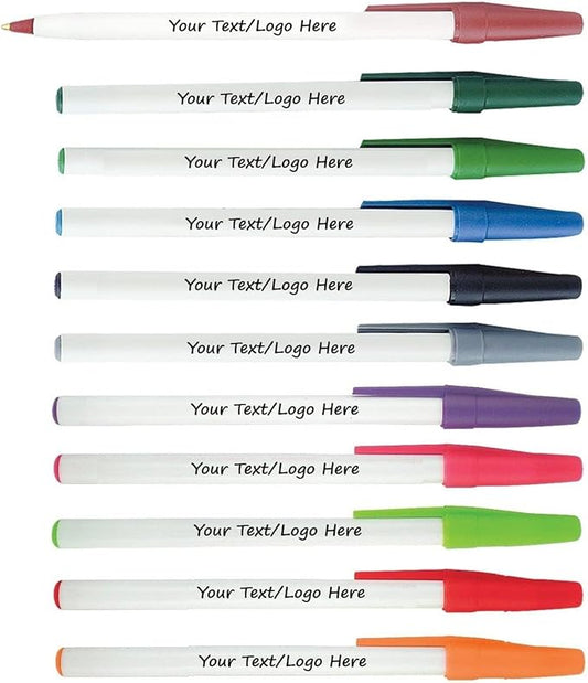 Personalized Stick Pens With your Custom Logo or Text-500 Pack Bulk-for Businesses, Parties, and Events, Custom Printed Slim Ballpoint Pens with Cap, Assorted Colors, Black Ink