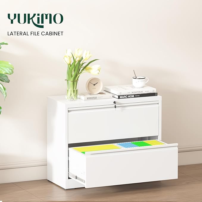 Lateral File Cabinet with Lock, Metal File Cabinets for Home Office Legal/Letter A4 Size, File Cabinet with 2 Drawer Storage Cabinet, Require Assembly, White