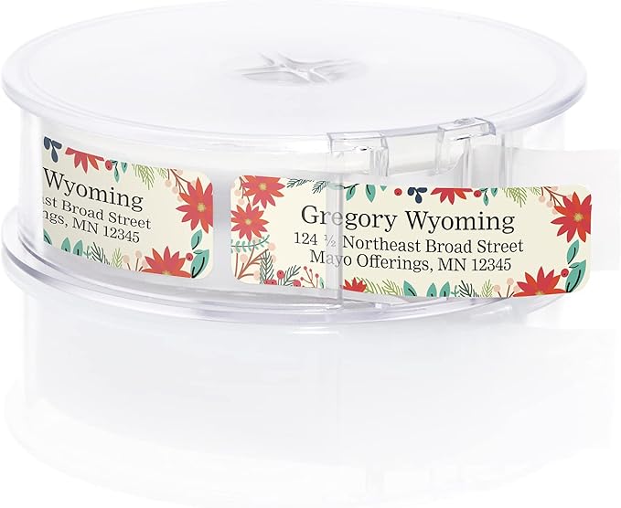 Ivory Holiday Floral Rolled Address Labels/Roll of 250 Personalized Return Address Labels/Designer Return Address Stickers in Elegant Plastic Dispenser