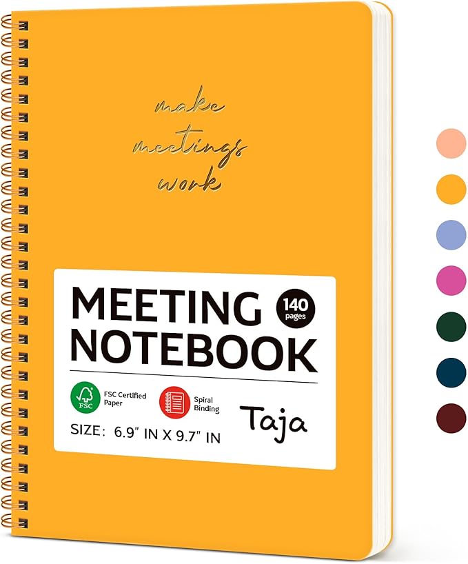 Taja Meeting Notebook for Work Organization - Work notebook with action items, Meeting Minutes Planner Notebook, Perfect Office Supplies for Men & Women - Yellow