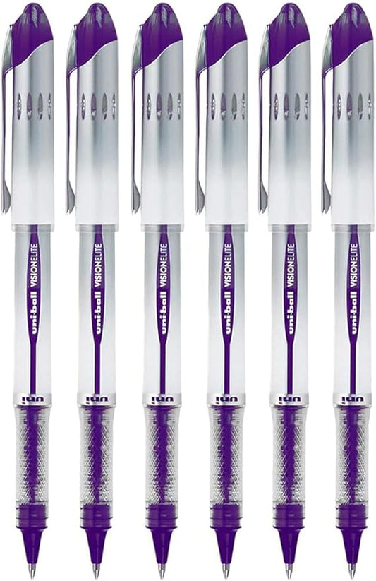 Vision Elite Rollerball Pens, Bold Point (0.8mm), Purple Ink, 6 count, Bundle with Plastic Reusable Pouch