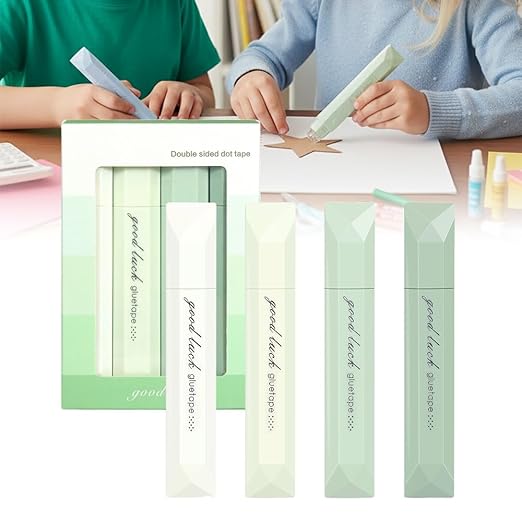 4-Pack Strong Double Sided Tape Roller, 0.23in x 16.4ft Adhesive Tape Glue for Gift Wrapping, Junk Journals, Paper Crafts, Essential Scrapbooking Supplies, Photo Mounting, School Office (Green)