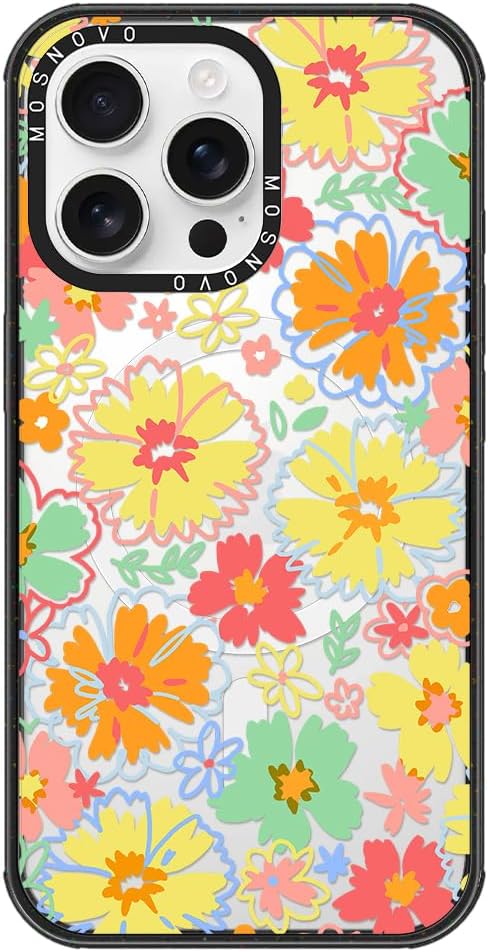 MOSNOVO Magnetic Case for iPhone 16 Pro Max, 10ft Military-Grade Protection, Compatible with Magsafe, Shockproof Phone Case for iPhone 16 Pro Max - Retro Boho Hippie Flowers - Clear Black