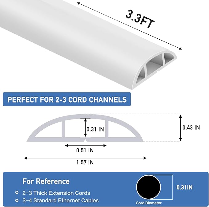Floor Cord Cover Self Adhesive Cord Hider Floor Extension Cord Covers for Floor Power Cord Protector Cable Management Prevent Cable Trips Cable Cavity 0.51" W x 0.31" H (White, 3.3Ft)