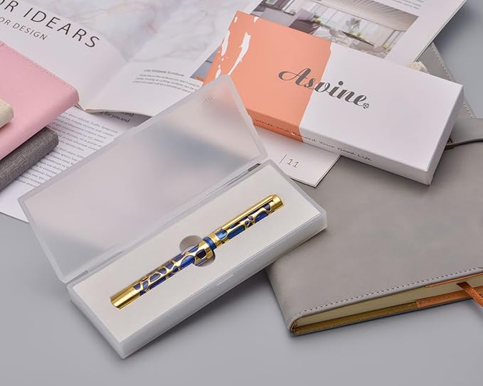 Asvine V169 Vacuum Filling Fountain Pen Medium Nib, Water Drop Skeleton Gold Trim Transparent Blue Acrylic Pen Case Set
