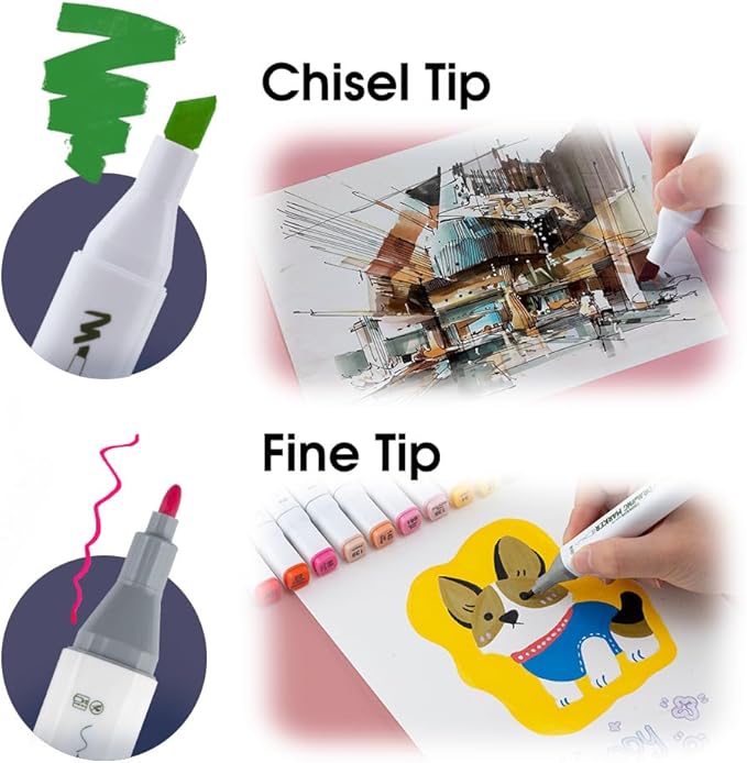 TRANSON Alcohol Markers for Drawing Coloring 48 Colors Dual-tip Fine and Chisel Tips