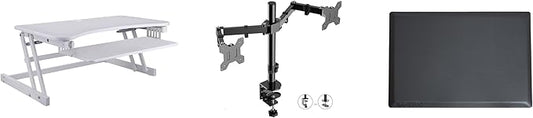 Rocelco 37.5" Height Adjustable Standing Desk Converter with Dual Monitor Mount and Anti-Fatigue Mat - Slide Out Retractable Keyboard Tray - Sit Stand Up Tabletop Riser - White (R DADRW-DM2-MAF)