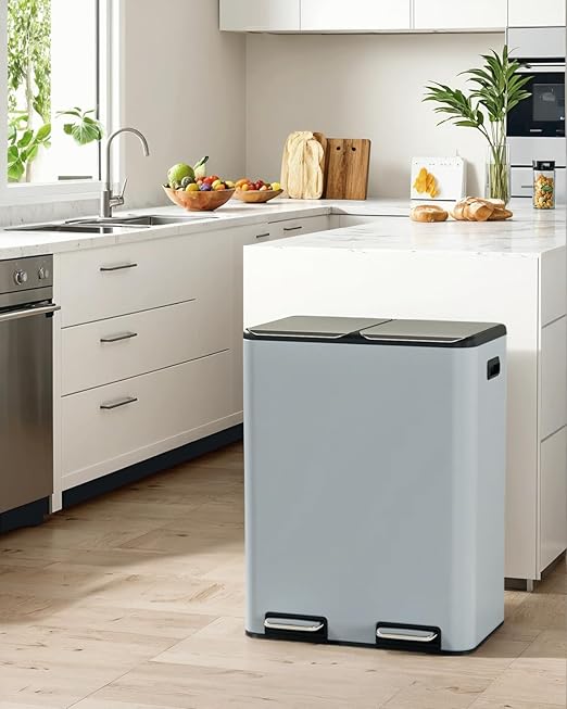 TLSUNNY Kitchen Dual Trash Can, 60L Hands-Free Stainless Steel Garbage Can, Classified Rubbish Bin with Double Compartments, Soft-Close Lid, Inner Bucket, Odor Control (60L) (Haze Blue)