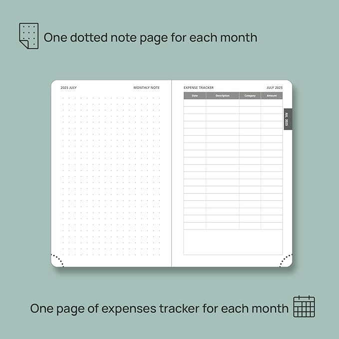 POPRUN Pocket Monthly Planner 2025-2026 (Pocket- 4''x 6.25''Soft Leather Cover) - 18 Month Calendar Book for Purse (Jul.2025-Dec.2026), 100 GSM Thick Paper - Pacific Green