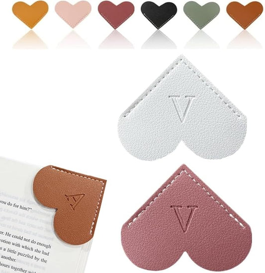 Personalized Leather Heart Bookmark, 26 Letters Customized Corner Book Mark for Reading Women, Book Marker with Initials，Cute Gifts (White+Deep Pink, V)