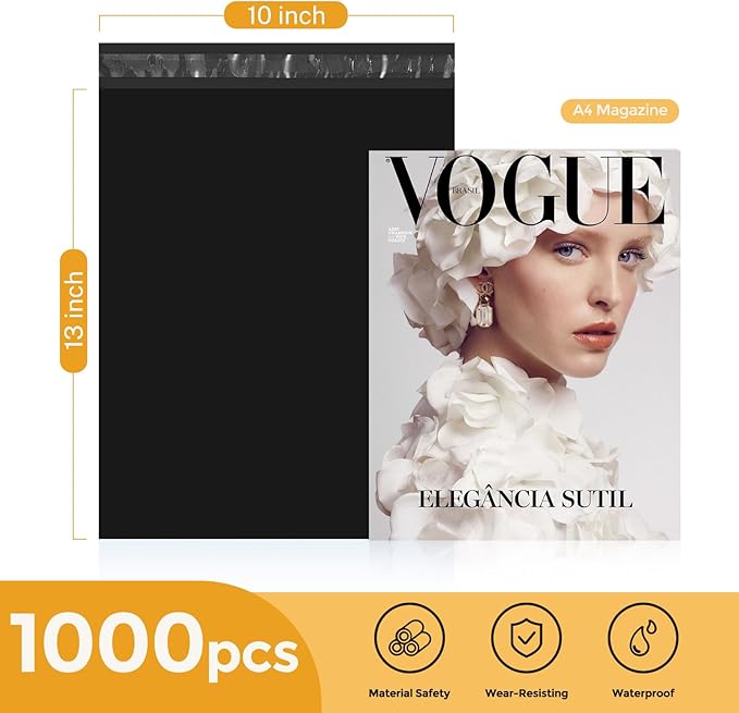 Metronic Poly Mailers 10X13 1000 Pack, Strong Adhesive Shipping Envelopes for Clothing, Medium Shipping Bags for Small Businesses, Waterproof Mailers Poly Bags (Black, 10x13 1000PC)