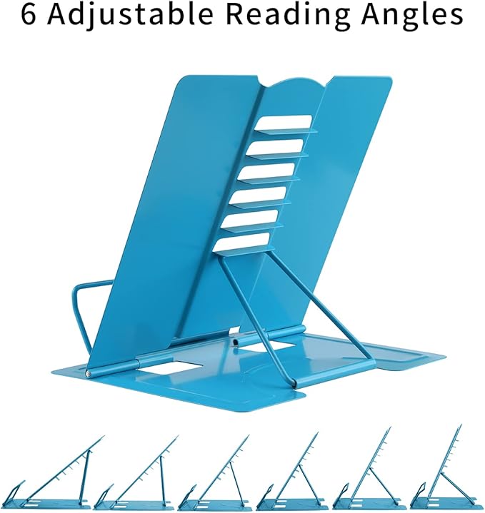 MSDADA Book Stand Metal Reading Rest Book Holder Adjustable Cookbook Documents Holder Portable Sturdy Bookstands for Recipes Textbooks Tablet Music Books with Page Clips (Sky Blue)