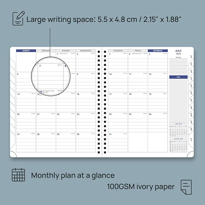 POPRUN 2025-2026 Weekly Planner 7.25'' x 8.25''Academic Spiral Appointment Book (July 2025-June 2026) with Quarter-Hourly Schedule, Monthly Tabs, Leather Softcover, Inner Pocket - Cornflower