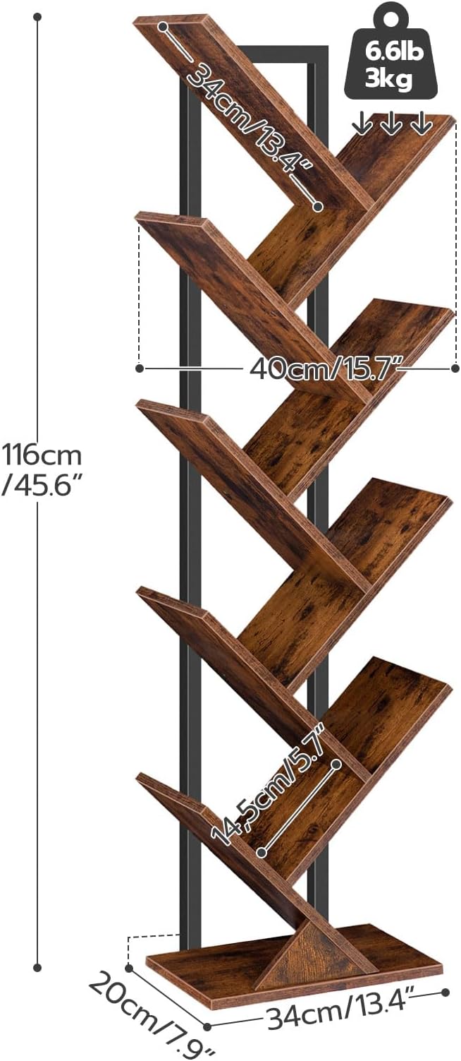 HOOBRO Tree Bookshelf, 9-Tier Bookcase Wooden Shelves, Floor Standing Storage Rack, for Display of CDs, Books in Living Room, Home Office, Wood Storage Rack for Bedroom, Rustic Brown BF08SJ01G1