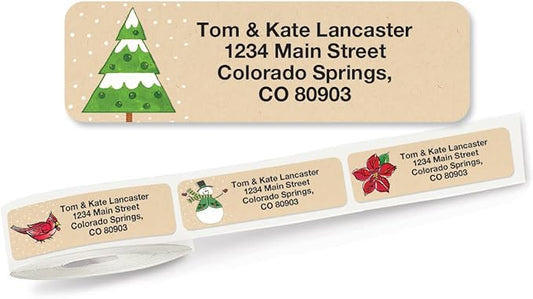 Krafty Christmas Rolled Personalized Return Address Mailing Labels with Dispenser, Set of 250, 5 Designs, Small ¾ x 2½ Inch Size, Custom Self-Adhesive Sticker Roll, by Colorful Images