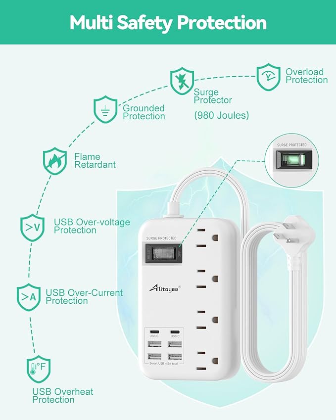 Alitayee 6 USB(2 USB C) Surge Protector Power Strip- Travel Power Strip with 24W USB Charging Station and 4 Extendable Outlet Extender, 6Ft Flat Extension Cord with Wall Mounted for Travel Home Dorm