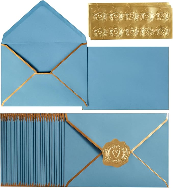 100 Pack A7 Envelopes 5 x 7 Envelopes with Gold Border for Office, Wedding Gift Cards, Invitations, Graduation, Baby Shower, Parties (Dusty-Blue, 5.32 x 7.28 Inches)
