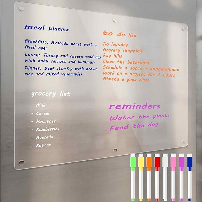 Acrylic Magnetic Dry Erase Board for Fridge, Clear Whiteboard for Refrigerator, Notepad Memo to Do/Grocery List White Board, w/ 8 Colors Markers, 15"x11"