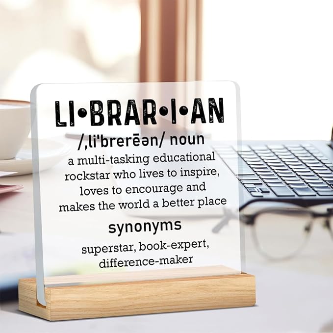 Librarian Gifts for Women Men, Birthday Gifts for Book Lover Bookworm, Librarian Definition Acrylic Desk Sign Decor