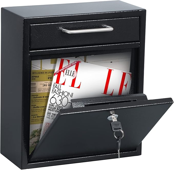 xydled Steel Mailbox Wall Mount, Medium Locking Mailbox with Key Lock, Lock Mail Boxes for Outside, Security Key Drop Box, Collection Boxes, 13.4H x 11.6L x 5.6W Inches, Black, Large