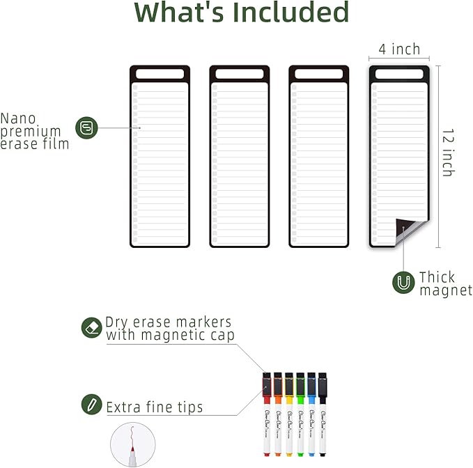 Magnetic Dry Erase List Board - 4"x12" Multifunctional List Board for Fridge - 6 Extra Fine Point Markers Included - Shipped Flat
