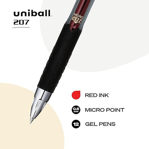 uniball Signo 207 Gel Pen, Retractable, Micro 0.5 Mm, Red Ink, Smoke/black/red Barrel, Dozen