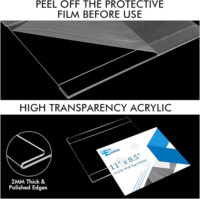 EHWINE 10 Pack 8.5 x 11 Wall Mount Acrylic Sign Holder, Horizontal Wall Signs Photo Menu Flyer Display Holders, Plastic Clear Acrylic Frames for Office Home Hotel Business Store (with Adhesive Tape)