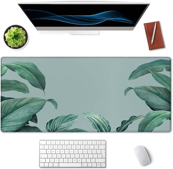 SSOIU Extended Gaming Mouse Pad - Non-Slip Water-Resistant Rubber Base Computer Keyboard Mouse Mat, 35.5 x 15.7-inch XX-Large Desk Mat, Ideal Partner for Work & Game, Foliage Tropical Leaves
