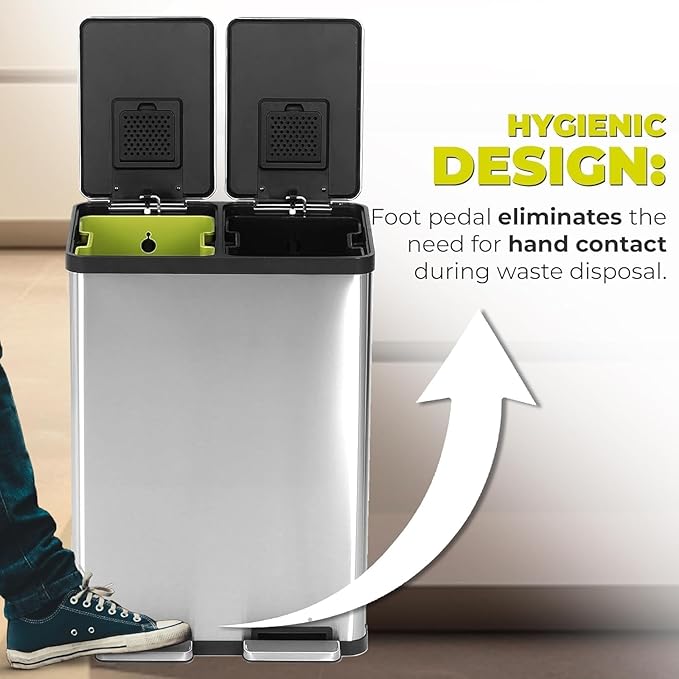 Simpli-Magic 16 Gallon (30L x 30L) Dual Compartment Step Trash Can – Kitchen Garbage Can with Slow-Close Lids – Waste & Recycling Bins, Odor Control, Hands-Free, Easy to Clean, Stainless Steel