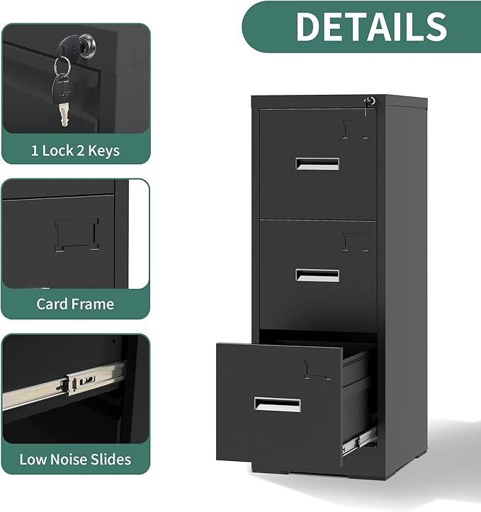 Black 3 Drawer File Cabinets with Lock, Heavy Duty Metal Storage Cabinets, Vertical Filing Cabinet for Home Office, Steel Cabinet for Letter Legal Size Files, Assembly Required