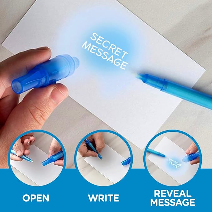 Personalized Invisible Disappearing Ink Pen Marker, Custom Secret Spy Message Writer with UV Light, Fun Activity Entertainment for Kid Party Favors Ideas Gifts and Stock Stuffers, 12 Pack, Blue