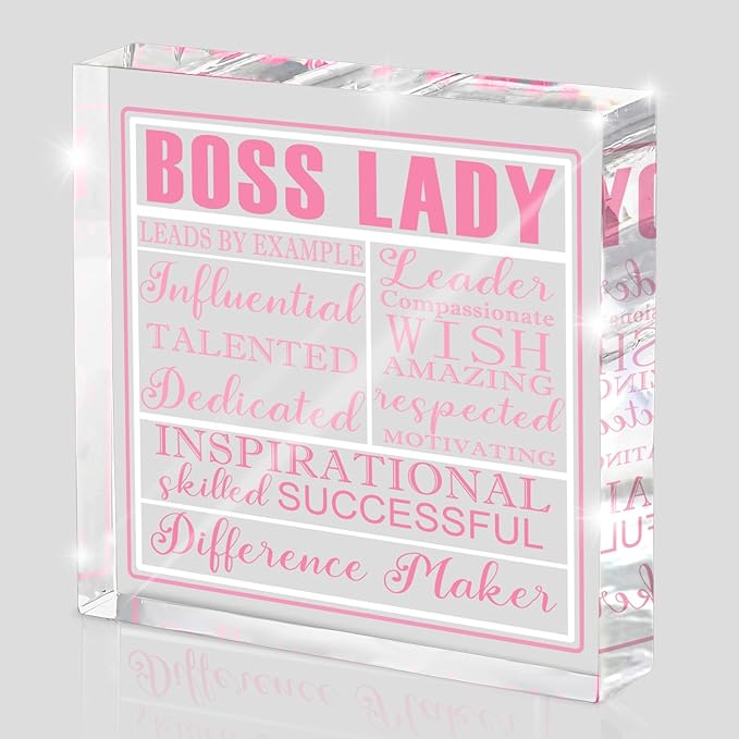 Boss Lady Gift For Women, Pink Acrylic Decorative Plaque Sign, Inspirational Quotes Office Gift For Leaders, Pink Acrylic Boss Lady Office Decoration, Birthday Thank You Souvenir 4x4 inches