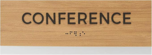 Conference Sign With Braille/Small Business Easy Adhesive Mount Door And Wall Sign / 3" x 9" Oak Woodgrain Design