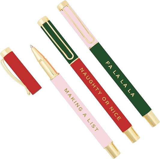 Sweet Water Decor Holiday Cheer Christmas Pens - Cute Pens with Making A List, Naughty or Nice & Fa La La La Readings The Perfect Christmas Gifts - Christmas Stocking Stuffers Set of 3 Fancy Pens