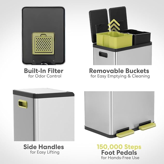 SIMPLI-MAGIC 16 Gallon (60L) Dual Compartment Step Trash Can – Kitchen Garbage Can with Waste & Recycling Bins – Slow-Close Lid, Odor Control, Hands-Free, Inner Bases, Premium Stainless Steel