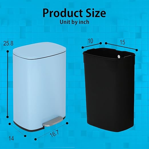 PayLessHere Stainless Steel Trash Can with Lid - Removable Inner Bucket, Foot Pedal Soft Close for Office, Home, Kitchen Garbage Bin (Blue, 13 G)